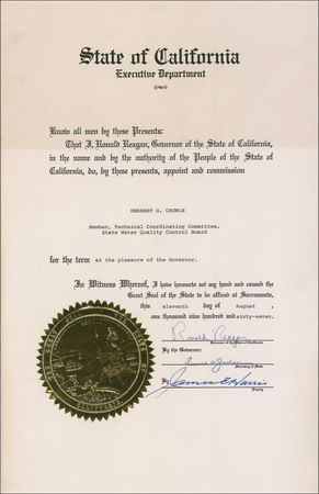 Lot #138 Ronald Reagan: Governor Reagan signed letter and appointment for the California Water Quality Control Board - Image 1