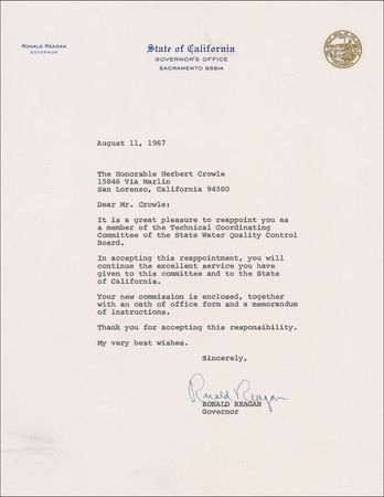 Lot #138 Ronald Reagan: Governor Reagan signed letter and appointment for the California Water Quality Control Board - Image 2
