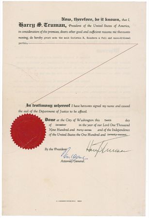 Lot #184 Harry S. Truman: Uncommon presidential pardon for mail fraud - Image 1