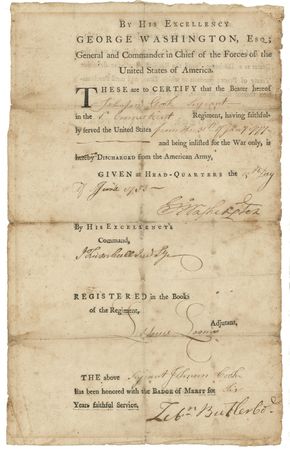 Lot #196 George Washington: After the British surrender, the commander-in-chief discharges a Connecticut veteran of the Battle of Mammoth - Image 1