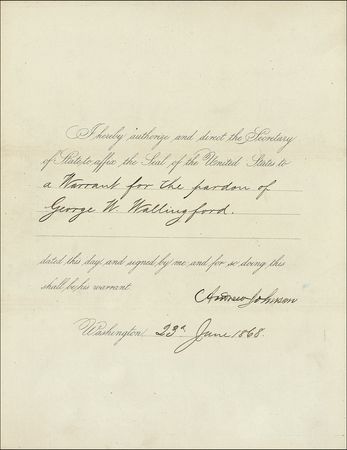 Lot #88 Andrew Johnson: Johnson document with a full original ticket to his impeachment proceedings - Image 1