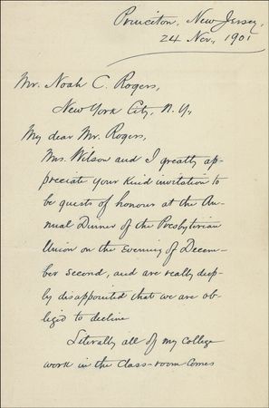 Lot #205 Woodrow Wilson: The future president—of Princeton and the USA—sends his regrets to the Presbyterian Union - Image 1