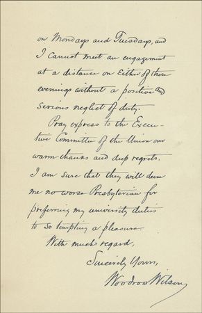Lot #205 Woodrow Wilson: The future president—of Princeton and the USA—sends his regrets to the Presbyterian Union - Image 2