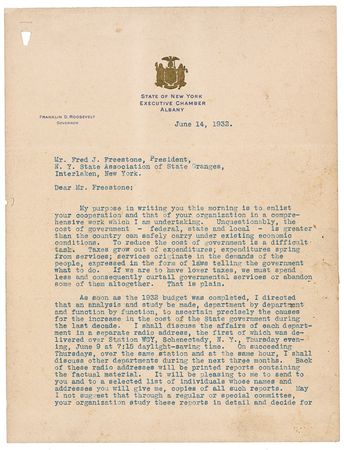 Lot #161 Franklin D. Roosevelt: FDR takes to the airwaves to tighten the purse-strings - Image 1