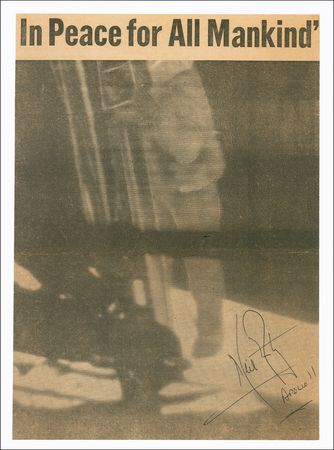 Lot #504 Neil Armstrong: Rare July 21, 1969, signed photo of Armstrong stepping onto the moon, printed on the same day as the historic event - Image 1