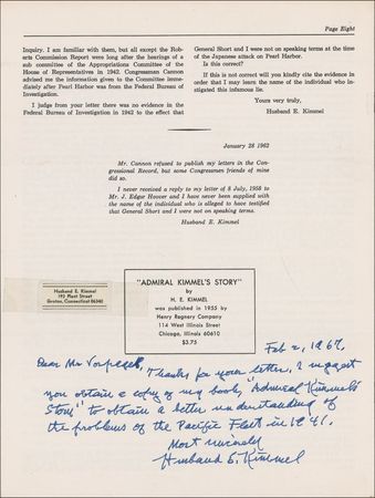 Lot #436 Husband E. Kimmel Handwritten Letter Signed - Image 1