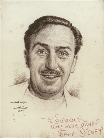 Lot #697 Walt Disney: The Great Imagineer signs an original portrait for a “Swamy” - Image 1