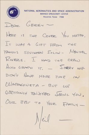 Lot #508 Neil Armstrong: Just back from space, the commander of Apollo 11 sends a rare 1969 handwritten note and includes a crew-signed cover - Image 1