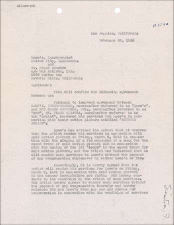Lot #905 Frank Sinatra Signed Document - Image 1