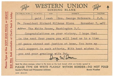 Lot #325 George McGovern: The Democrat quotes his 1971 announcement speech: ?I seek to know and speak the truth? - Image 1