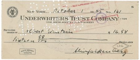 Lot #261 Albert Einstein: Rare check from the year of Hiroshima and Nagasaki - Image 1