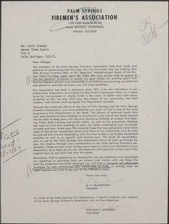 Lot #700 Walt Disney: Disney makes a donation to the Palm Springs Fireman’s Ball - Image 2