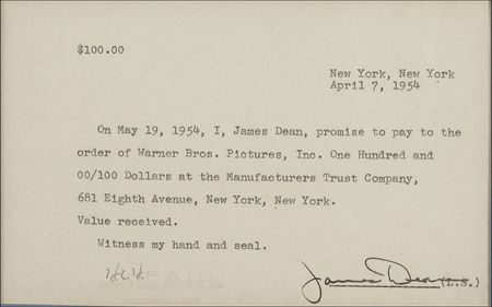 Lot #972 James Dean: The day before leaving NYC for infamy, the East of Eden star signs an IOU to Warner Brothers - Image 2