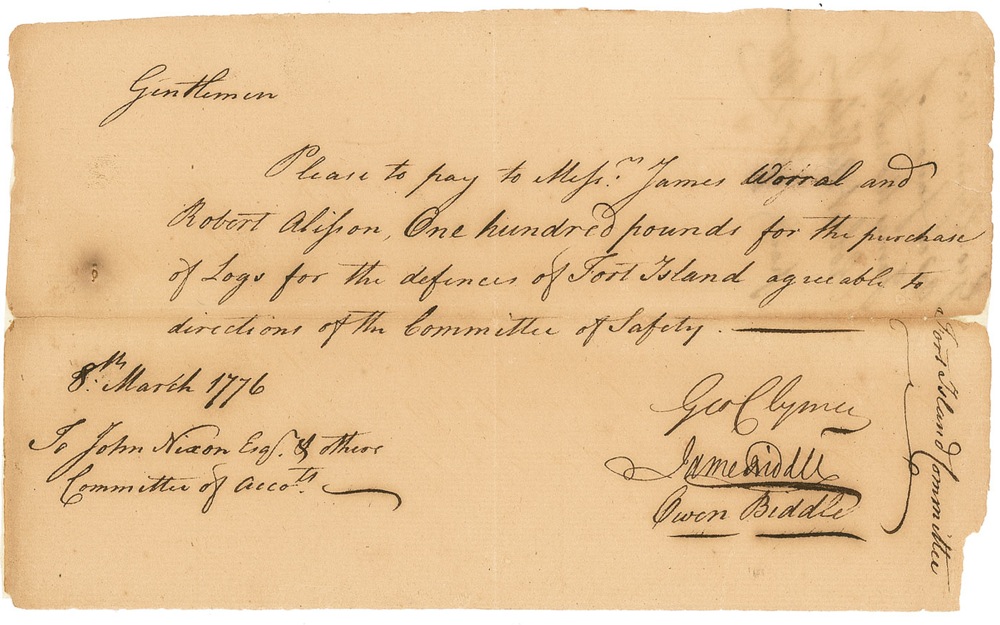 Lot 246 Declaration of Independence: George Clymer: Five months before signing, Pennsylvania?s Clymer builds up Fort Island?s defenses