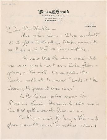 Lot #88 Jacqueline Kennedy: Jacqueline Bouvier correspondence dating to the early 1950s and referencing her new boyfriend, Senator John F. Kennedy, and his political opponent, Richard Nixon - Image 1