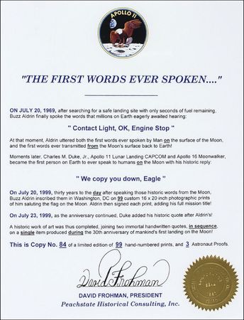 Lot #498 Apollo 11: Aldrin and Duke First Words Spoken Ltd Edition Print - Image 2