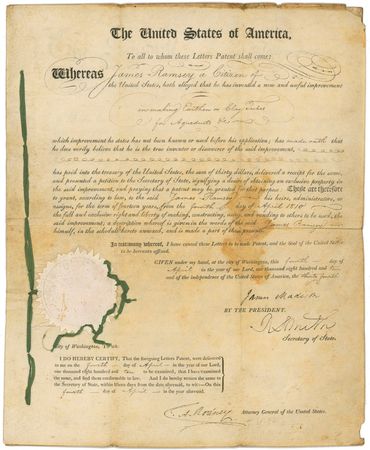 Lot #106 James Madison: As America continues its growth, Madison approves a patent for conveying water to the nation - Image 1