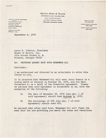 Lot #1243 Muhammad Ali: After a three year banishment from the ring, ?The Greatest? amends the contract for his smashing return against Jerry Quarry - Image 1