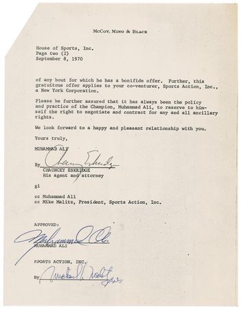 Lot #1243 Muhammad Ali: After a three year banishment from the ring, ?The Greatest? amends the contract for his smashing return against Jerry Quarry - Image 2