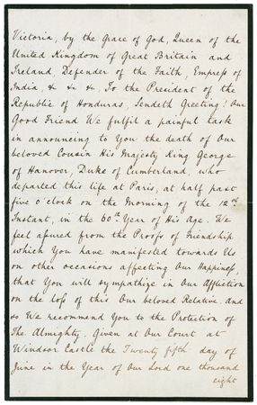 Lot #404 Victoria: Her Royal Highness notifies the Honduran president of the death of King George of Hanover - Image 1