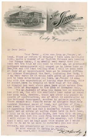 Lot #235 William F. ?Buffalo Bill? Cody: Cody extols the virtues of Wyoming and the riches of the Rockies - Image 1