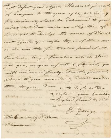 Lot #248 Declaration of Independence: Elbridge Gerry: Years after the Revolution, a Founding Father and former spy honors his oath ?not to divulge the names of the secret agents you refer to? - Image 2