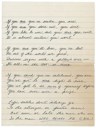 Lot #1108 Bruce Lee: “Life's battles don't always go; To the stronger or faster man, But sooner or later the man who wins; Is the man who thinks he can” - Image 1