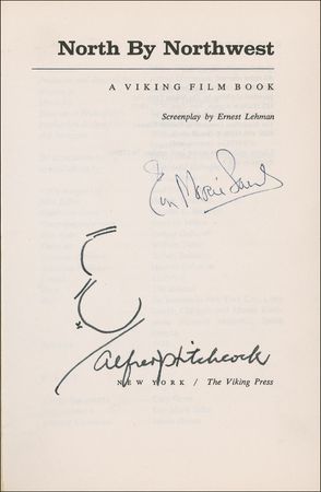 Lot #1076 Alfred Hitchcock and Eva Marie Saint: Hitchcock and his star sign a souvenir from North by Northwest - Image 1