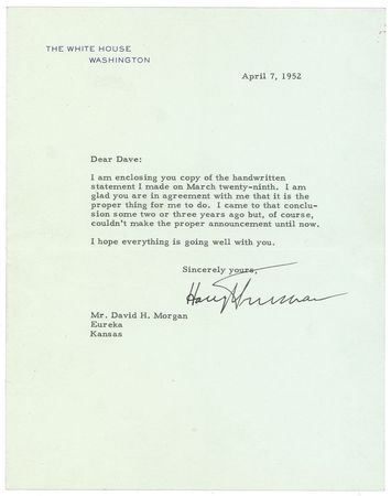 Lot #186 Harry S. Truman: “I shall not be a candidate for re-election. I have served my country long, and I think efficiently and honestly. I shall not accept a renomination. I do not feel that it is my duty to spend another 4 years in the White House” - Image 1