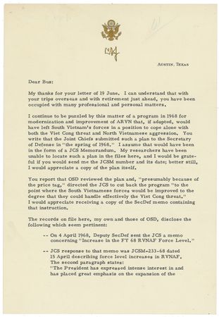 Lot #87 Lyndon B. Johnson: LBJ, with the Vietnam War still raging, points to 1968 decisions in response to Nixon?s ?Vietnamization? - Image 1