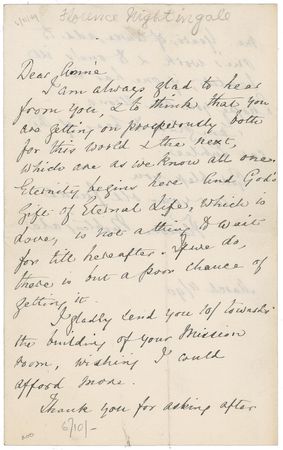 Lot #351 Florence Nightingale: The Lady with a Lamp sends good wishes and a small donation to a friend - Image 1