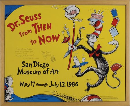Lot #711 Dr. Seuss: Seuss signs a colorful exhibit poster for friends who “no longer get packed into Madison Ave. Busses!” - Image 1