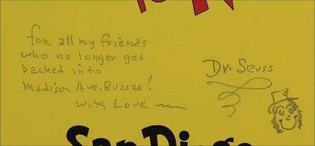 Lot #711 Dr. Seuss: Seuss signs a colorful exhibit poster for friends who “no longer get packed into Madison Ave. Busses!” - Image 2