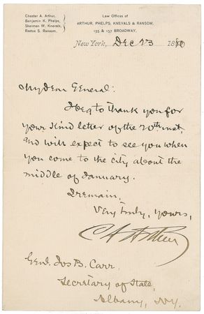 Lot #7 Chester A. Arthur Signed Letter