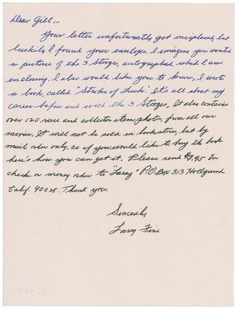 Lot #1207 Three Stooges: Larry Fine Letter and Photograph - Image 1