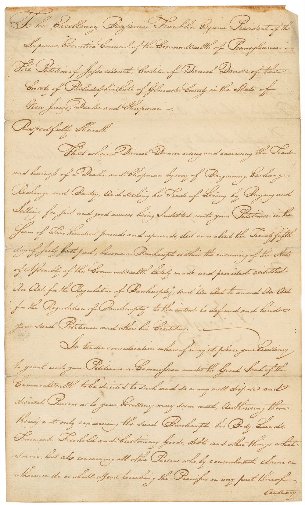 Lot 289 Benjamin Franklin: A year after signing the Constitution, Franklin conveys a directive to Pennsylvania’s Supreme Executive Council
