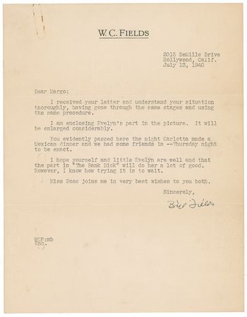 Lot #1008 W. C. Fields: Fields forwards dialog to a young co-star believing ?the part in ?The Bank Dick? will do her a lot of good? - Image 1