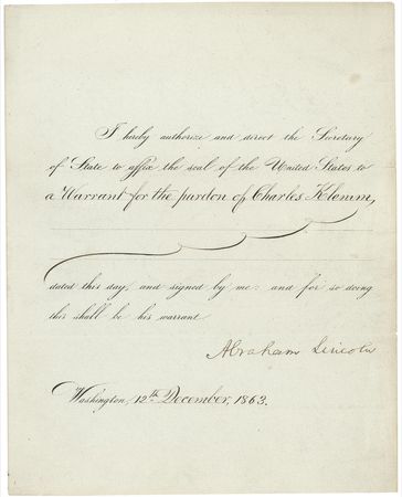 Lot #119 Abraham Lincoln: Four days after issuing his Proclamation of Amnesty for the rebels, Lincoln signs a presidential pardon for a yankee - Image 1