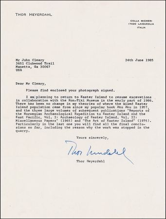 Lot #306 Thor Heyerdahl Letter and Photograph - Image 1