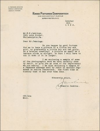 Lot #1042 Charles Francis Jenkins: Cinema pioneer includes two photos sent by radio in 1923 “the first time in history that it has ever been done” - Image 2