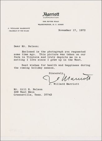 Lot #336 J. Willard Marriott Typed Letter Signed and Photograph - Image 1