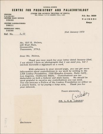 Lot #329 Louis Leakey Signature and Typed Letter Signed - Image 1
