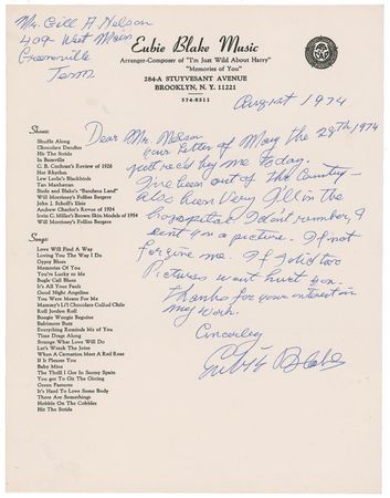 Lot #807 Eubie Blake Handwritten Letter Signed and Signed Photograph - Image 2