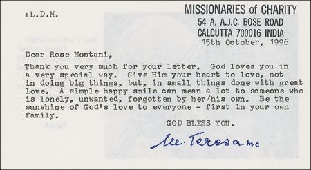 Lot #341 Mother Teresa Signed Note - Image 1