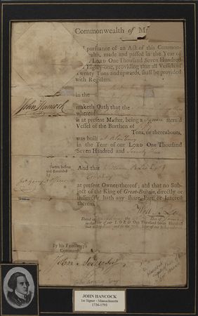 Lot #303 John Hancock: Still at war with England, Hancock?s proclamation that ?no Subject of the King of Great-Britain, directly or indirectly hath any share, part, or Interest? in the schooner ?Swallow? - Image 1