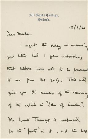 Lot #623 T. E. Lawrence: Lawrence of Arabia turns on Lowell Thomas, the man who helped make him famous, with a letter of clarification from Thomas 55 years later - Image 1