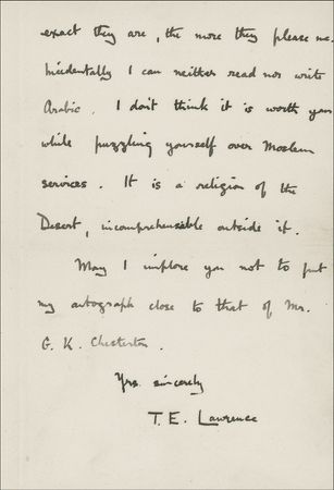 Lot #623 T. E. Lawrence: Lawrence of Arabia turns on Lowell Thomas, the man who helped make him famous, with a letter of clarification from Thomas 55 years later - Image 2