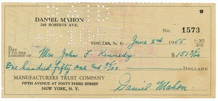 Lot #110 Jacqueline Kennedy: Jackie dual endorses a covert payment as ?Mrs. John F. Kennedy? and ?Jacqueline Bouvier Kennedy? - Image 1