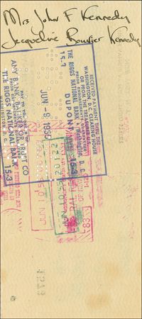 Lot #110 Jacqueline Kennedy: Jackie dual endorses a covert payment as ?Mrs. John F. Kennedy? and ?Jacqueline Bouvier Kennedy? - Image 2