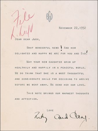 Lot #1025 Cary Grant: Grant sends congratulations to Judy, Judy, Judy...Garland on the birth of daughter Lorna - Image 1